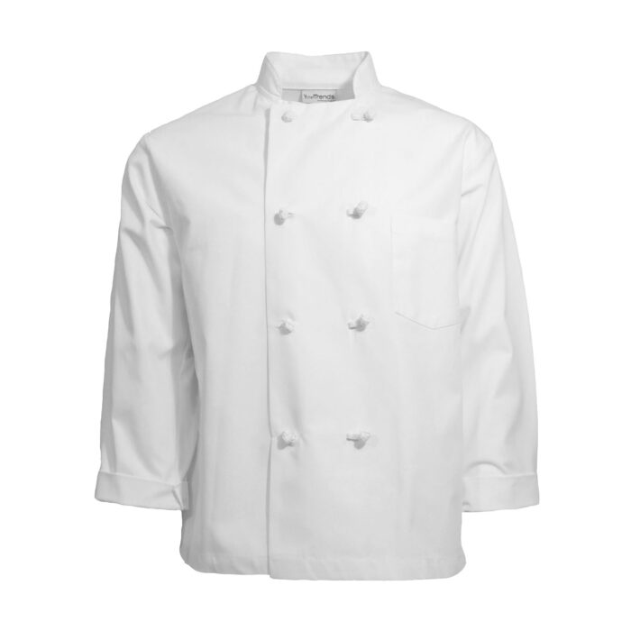 C128-CHEF COAT, BLEND, 8 KNOT BUTTONS, NO ARM POCKET